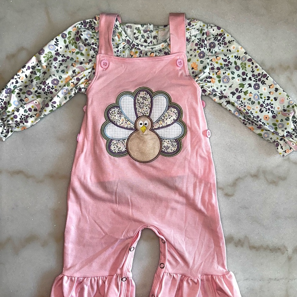 Pink Turkey Print Baby Overalls